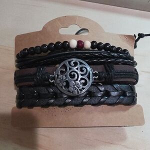 Layered Black Leather and Beaded Wrap Bracelet Set